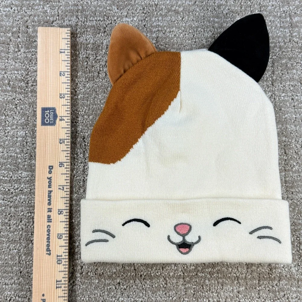 Squishmallows Youth OSFM Cat Ear Knit Beanie Hat White Calico Kitty Face